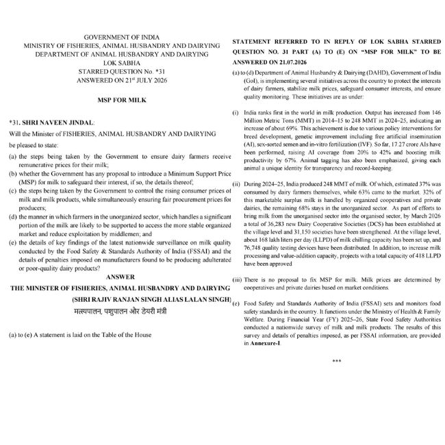 MSP On Milk, FSSAI Milk Quality, Milk Processing India, Animal Husbandry India, Dairy Development Scheme, Milk Price Today,